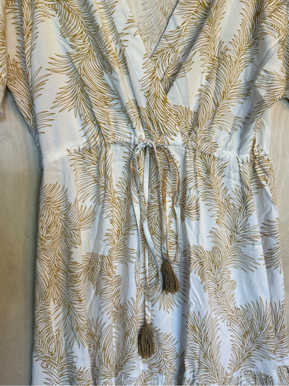 Cream and Tan Palm-Print Wrap Dress - Picture 3 of 7